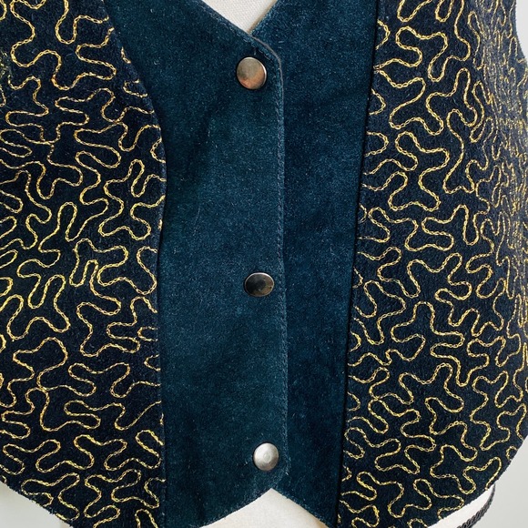 Vintage Gold Embroidered Black Suede Vest Womens Large Maximalist Rodeo Festival - Picture 8 of 12